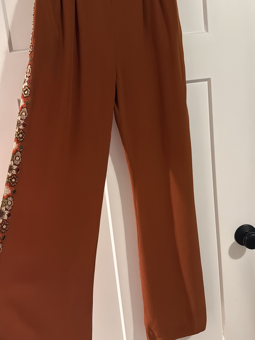 La Fuori Medium Brown Silk Wide-Leg Pants Floral Embroidered Beaded Trim